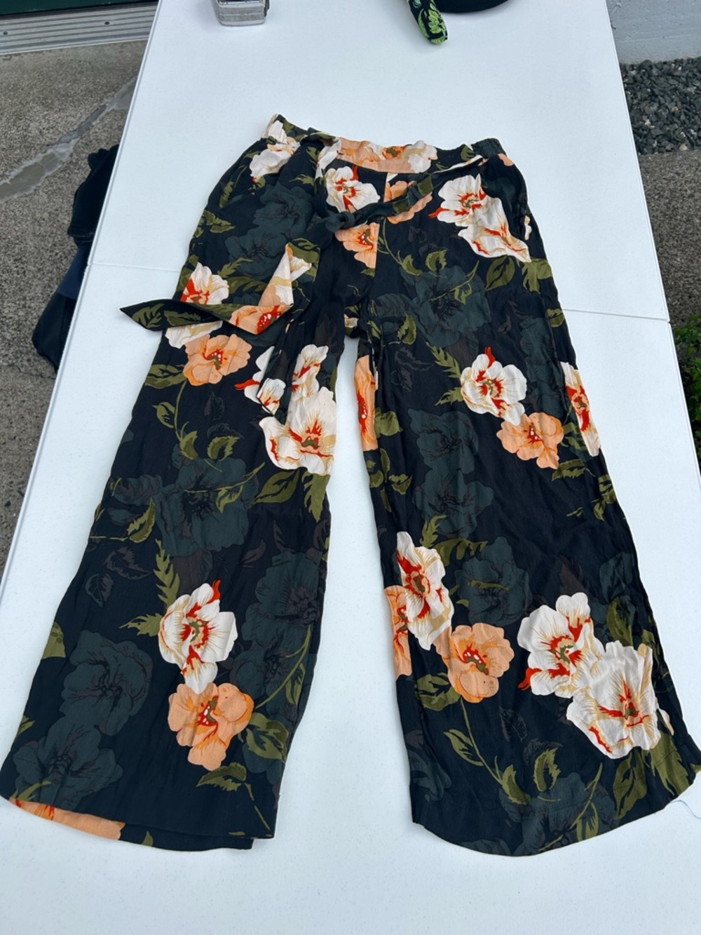 Wilfred Black Wide-Leg Floral Wrap Pants with Peach & Cream Blooms